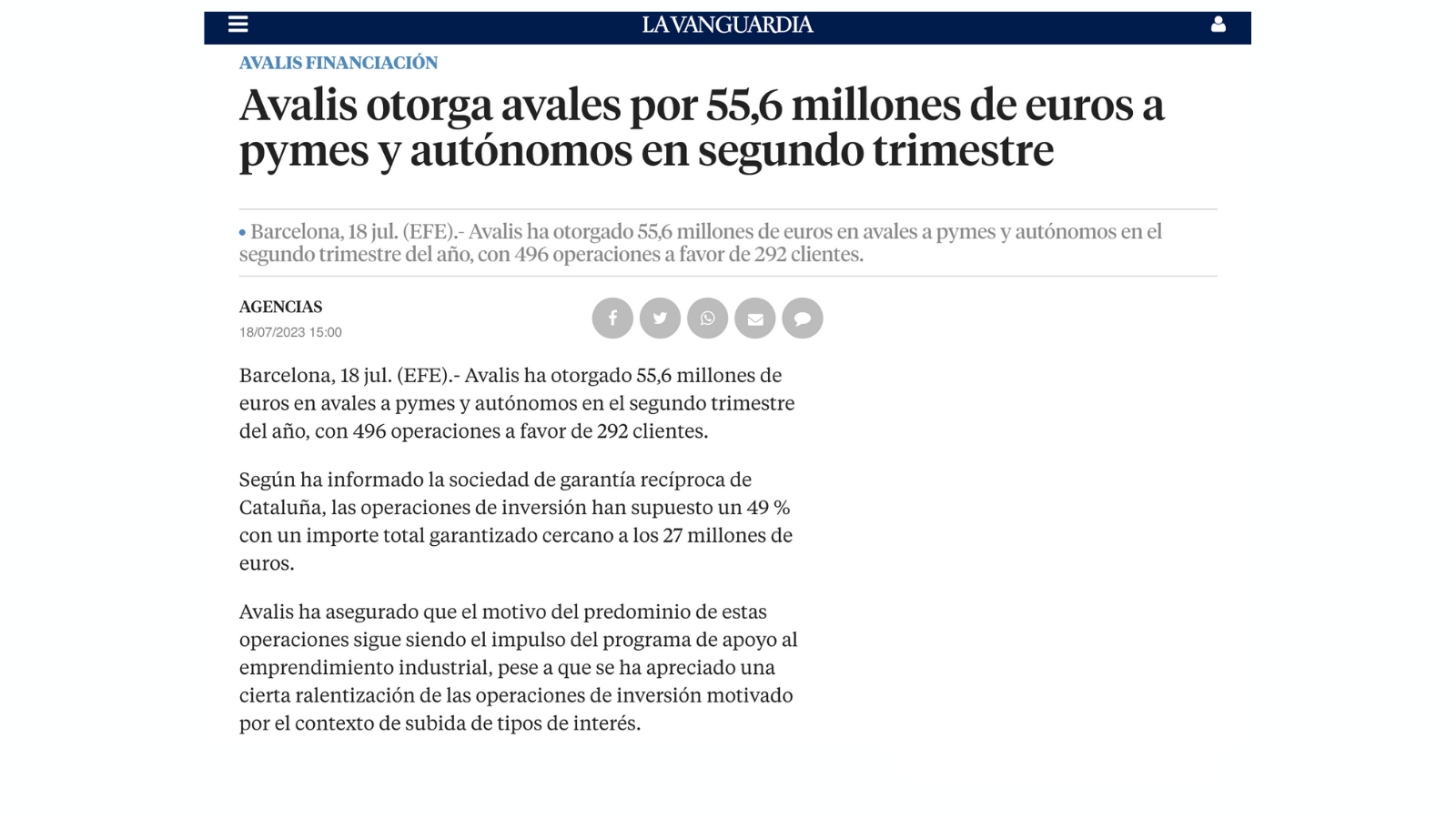 imagen de  La Vanguardia publica la informació dels resultats trimestrals d'Avalis